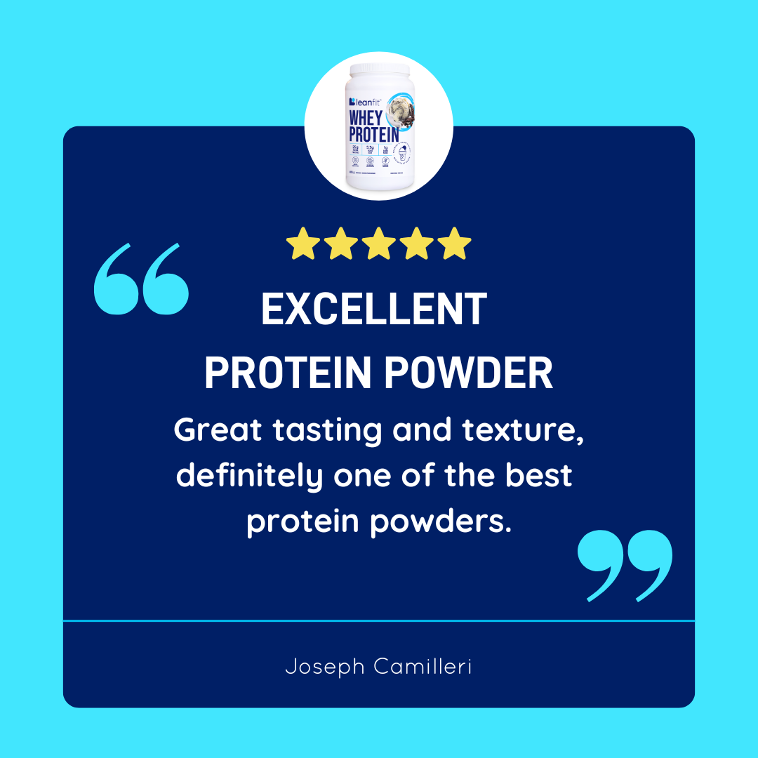 Customer review: “Excellent protein powder — great taste and texture; one of the best I’ve tried.”
