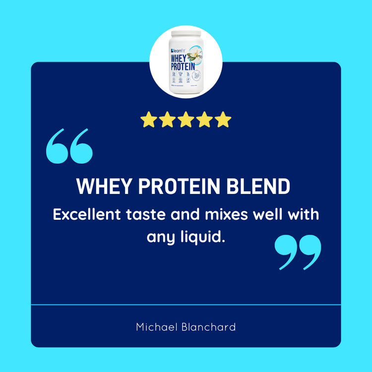 Customer review: “Whey protein blend — excellent taste and mixes well with any liquid.”
