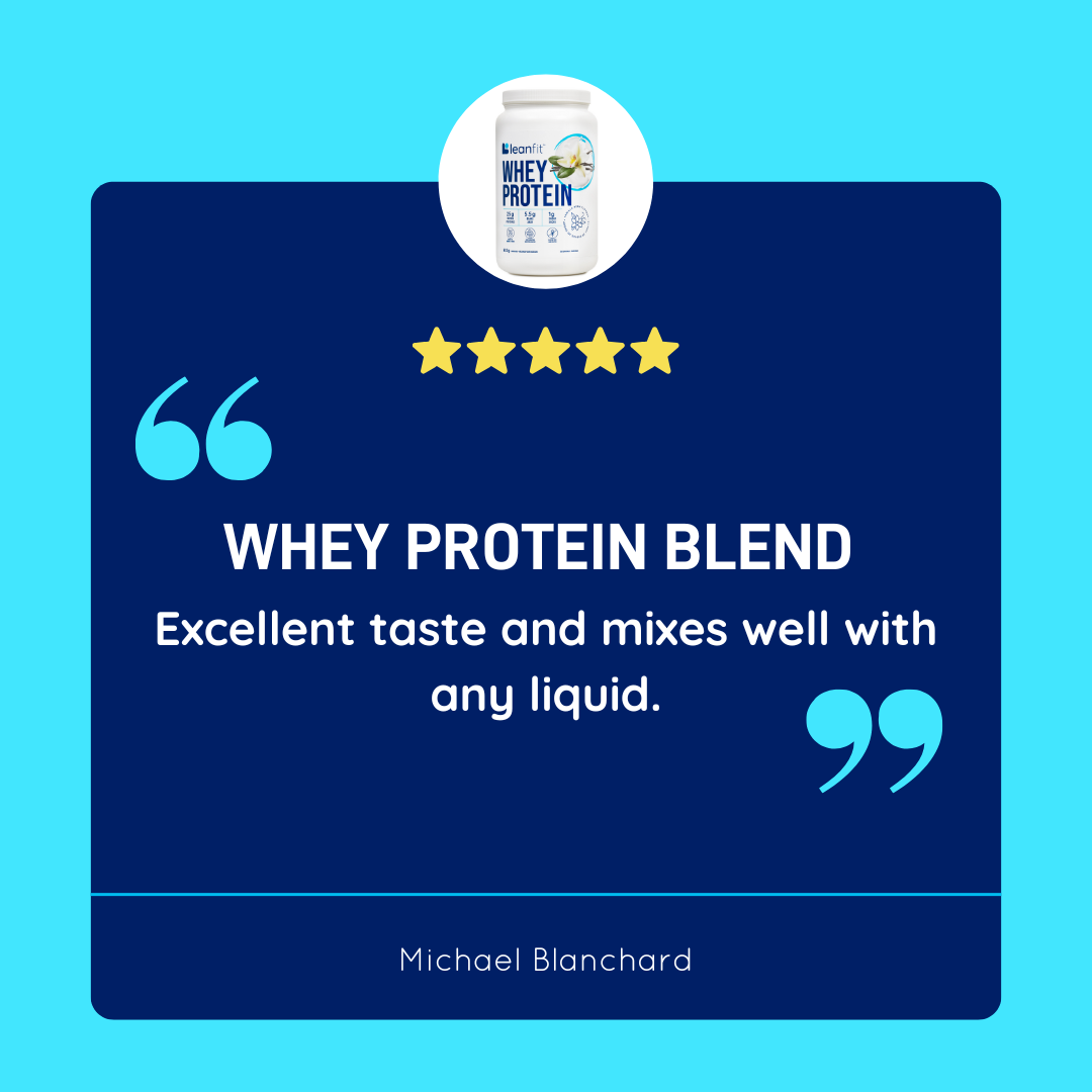 Customer review: “Whey protein blend — excellent taste and mixes well with any liquid.”
