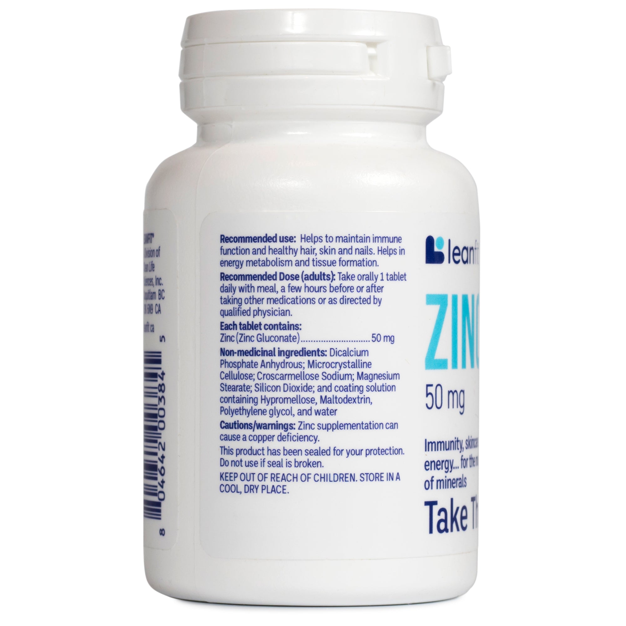 Back label with directions, lot, and expiry — LEANFIT Zinc 50 mg (90 tablets)
