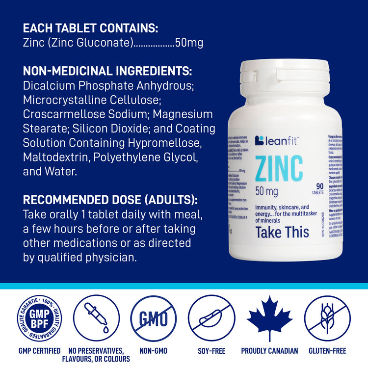 Each tablet contains zinc (zinc gluconate) 50 mg; non-medicinal ingredients and adult recommended dose
