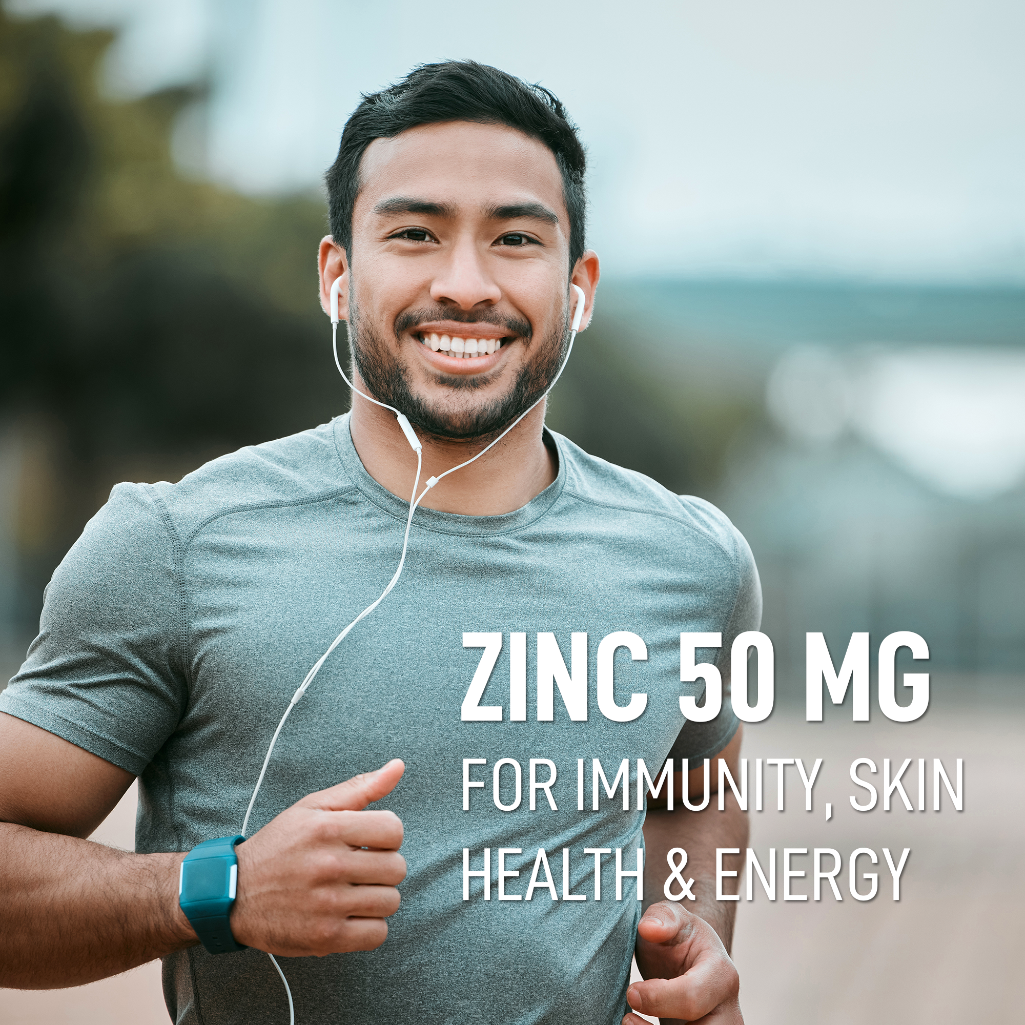Zinc 50 mg for immunity, skin health, and energy — active lifestyle portrait
