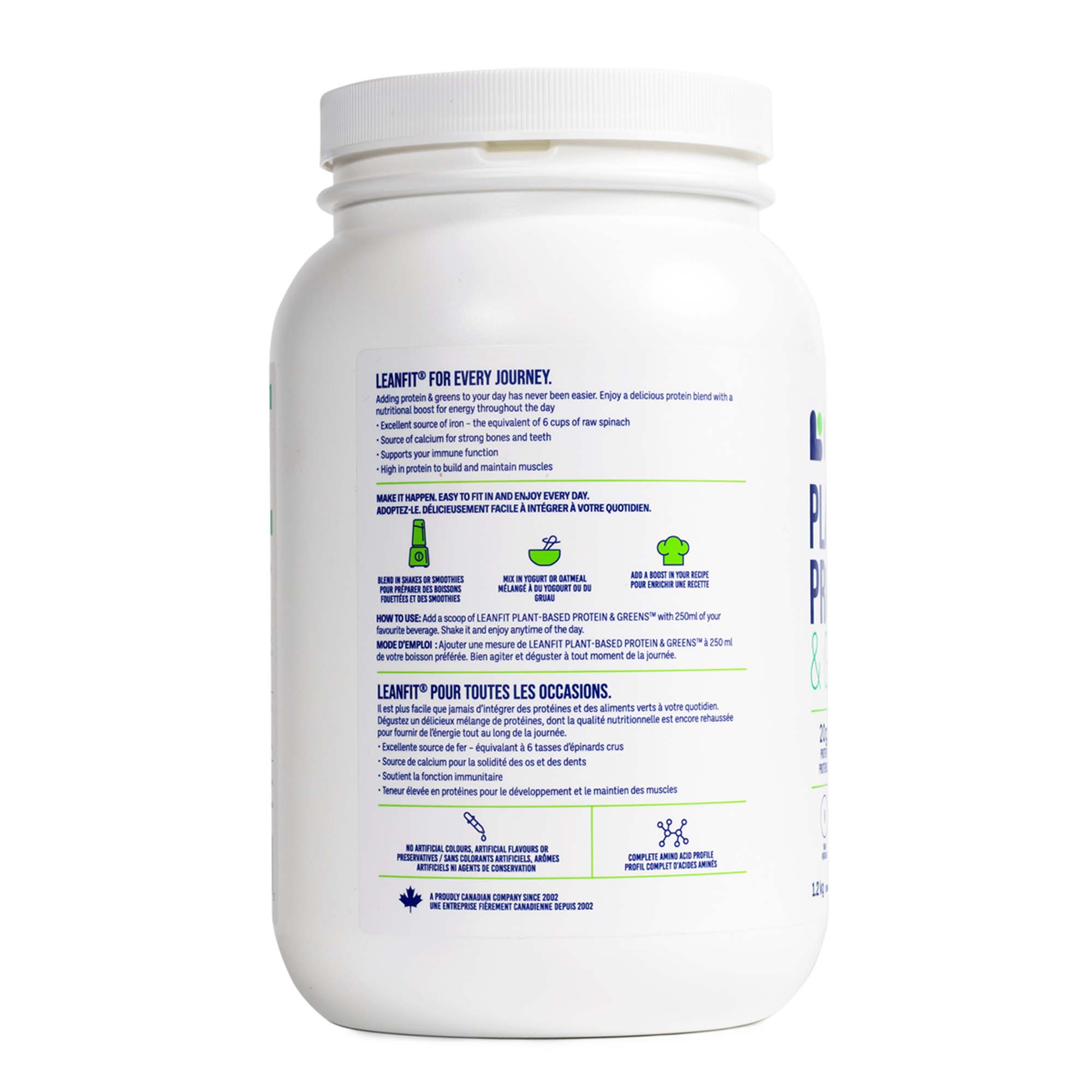Back label and barcode — LEANFIT Plant-Based Protein & Greens Vanilla 1.02 kg
