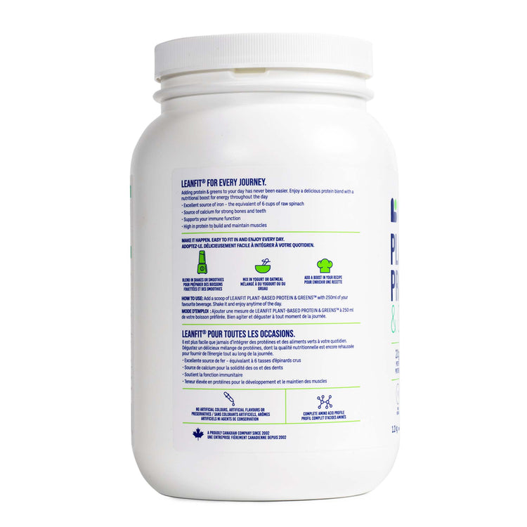 Back label and barcode — LEANFIT Plant-Based Protein & Greens Vanilla 1.02 kg
