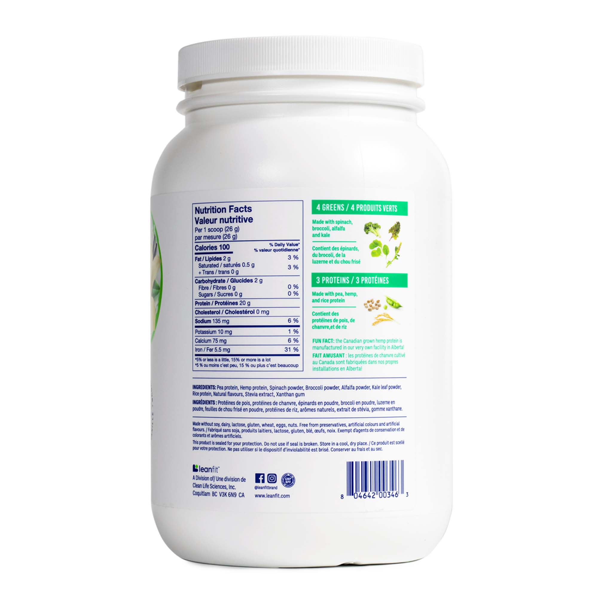 Side label with directions and icons — LEANFIT Plant-Based Protein & Greens Vanilla 1.02 kg
